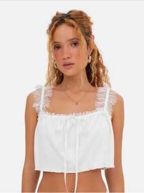 For Love & Lemons White Lace-Trim Crop Top